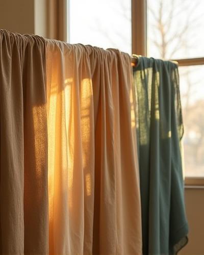 Naturally dyed fabrics hanging to dry in a sunlit studio