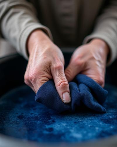 Bertha C. Smoot's hands gently working with natural dye textiles