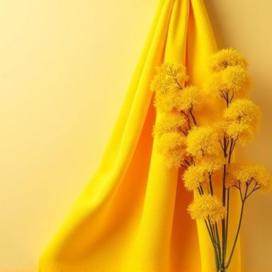 A vibrant swatch of wool textile dyed a brilliant yellow, next to a fresh sprig of goldenrod flower.