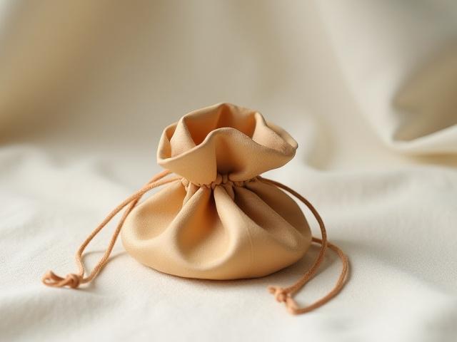 A small, delicate silk pouch, dyed a light, gentle tan using fallen oak leaves, perfect for keepsakes.