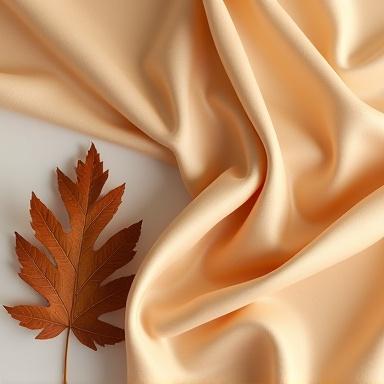 A soft tan silk scarf sample next to a small pile of dried, autumnal oak leaves.