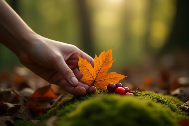 A close-up shot of a hand gently collecting fallen leaves from the forest floor, demonstrating respectful and careful foraging practices.