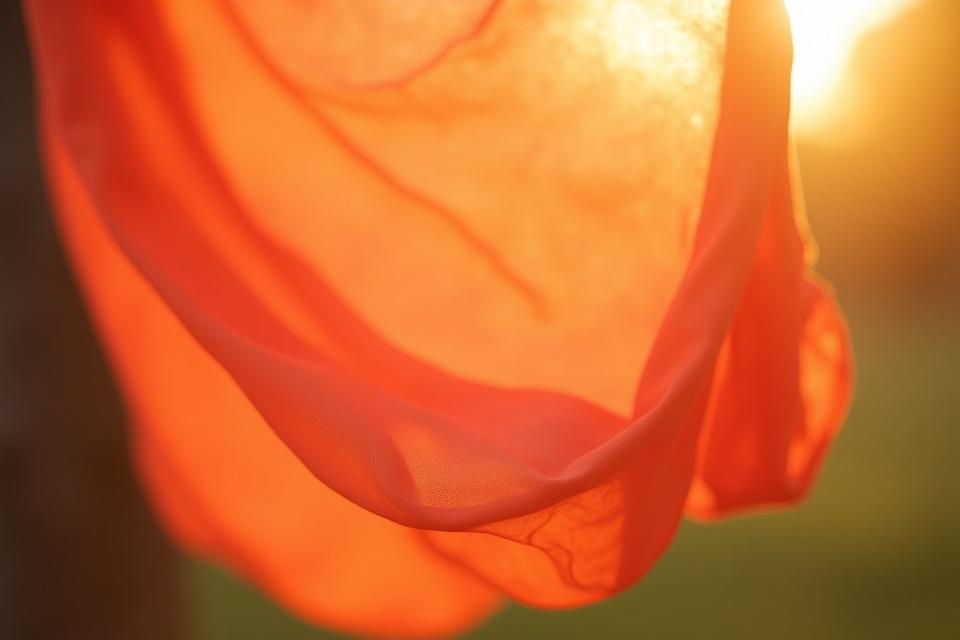 Vibrant piece of naturally dyed silk fabric hanging to dry, glowing in warm sunlight.