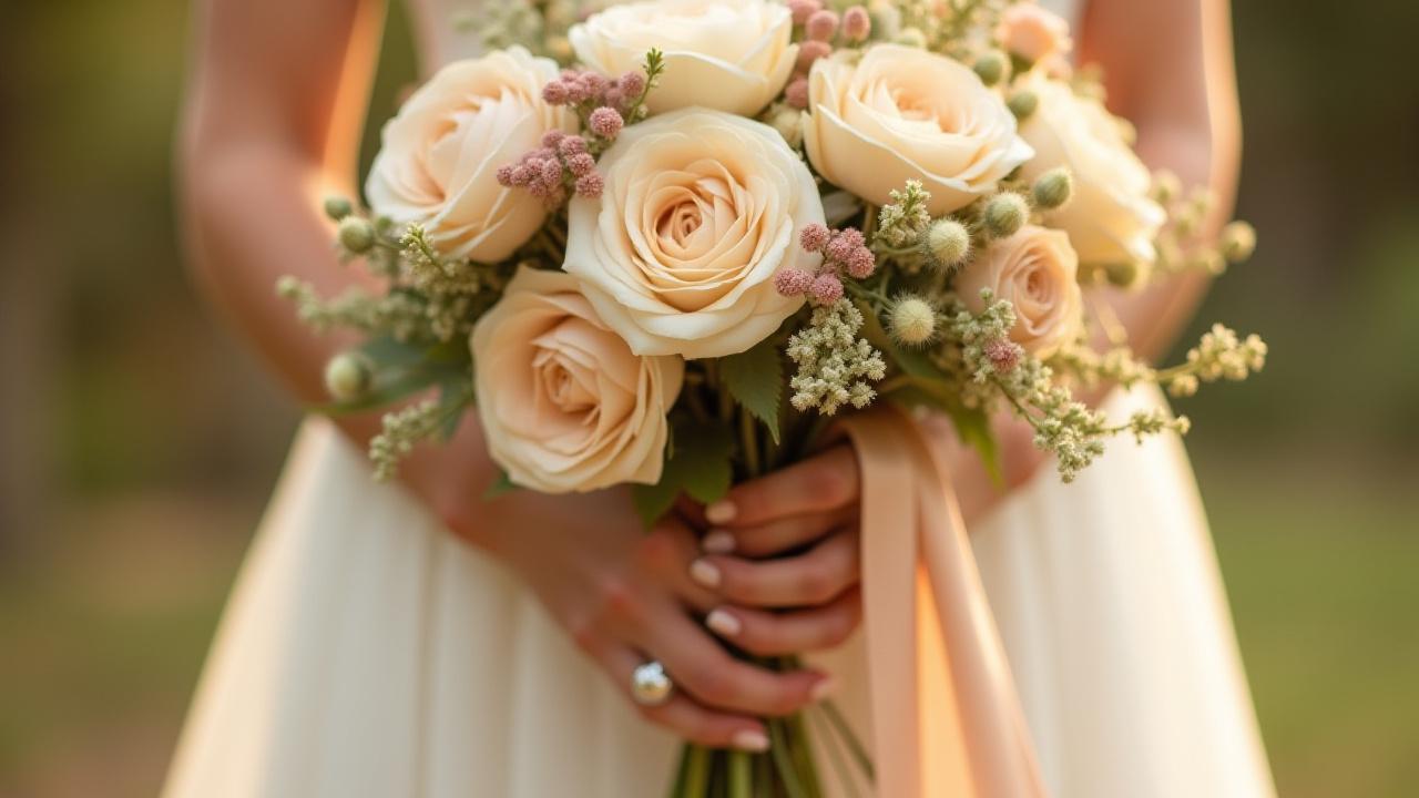 Naturally dyed silk ribbon flowing from a vibrant bridal bouquet.