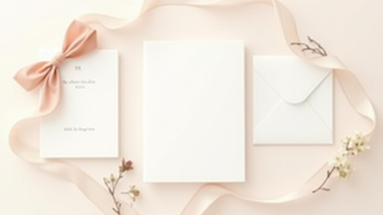 Elegant flat lay of a wedding invitation tied with a hand-dyed silk ribbon.