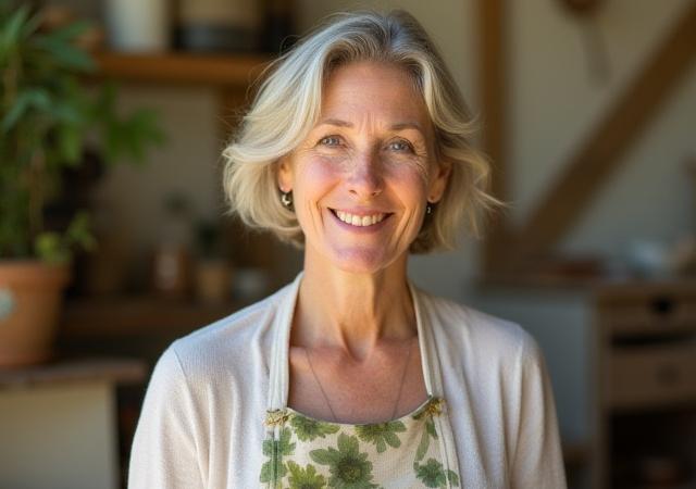 Bertha C. Smoot in her sunlit workshop, surrounded by natural dyes and textile samples, with a warm, expert smile.