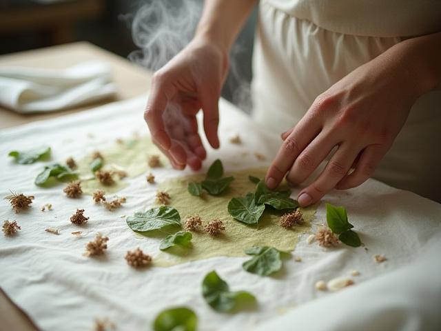 Hands carefully placing botanicals onto fabric for an eco-dyeing process, with steam rising gently.