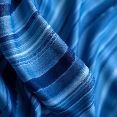 Fabric dyed with Arashi Shibori, showing elongated, diagonal linear patterns resembling a storm in deep indigo hues