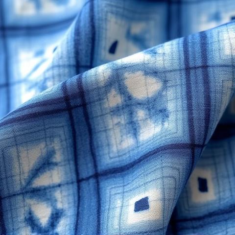 Fabric dyed with Itajime Shibori, featuring a precise, geometric grid of squares and rectangles in varying shades of indigo
