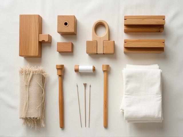 Flat lay of traditional shibori tools including needles, natural thread, wood blocks, and C-clamps on a textured linen background