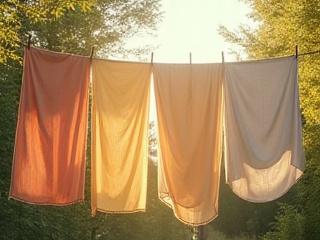 Finished, beautifully draped fabric showcasing rich natural colors, drying in soft sunlight