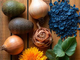 Collection of avocado pits, onion skins, and indigo leaves ready for dye extraction