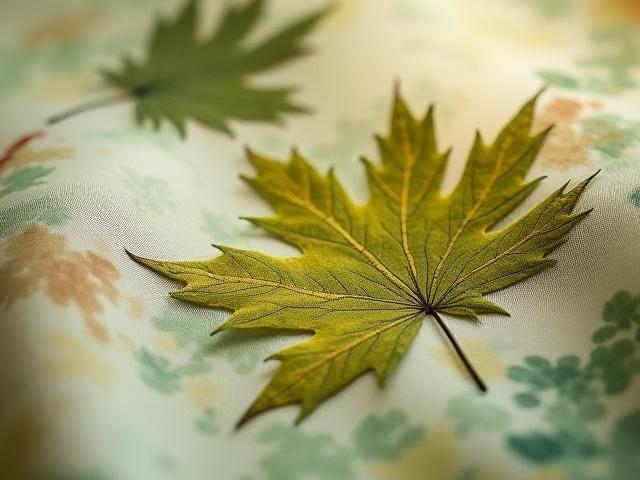 Close-up of an eco-printed silk scarf showing distinct leaf patterns