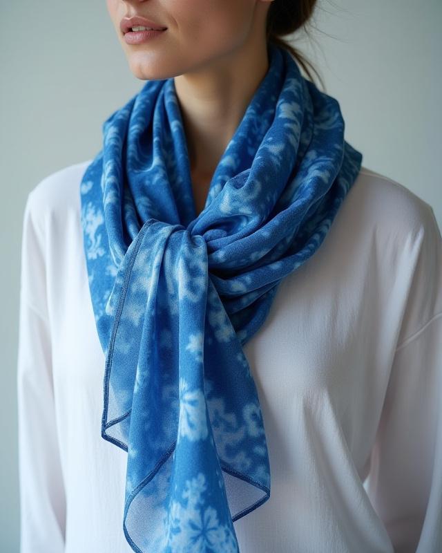 Indigo Shibori cotton scarf worn elegantly